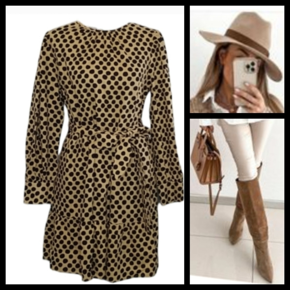 Fall Linen Blend Who What Wear Polka Dot Long Sleeves Peasant Dress Size XXL●